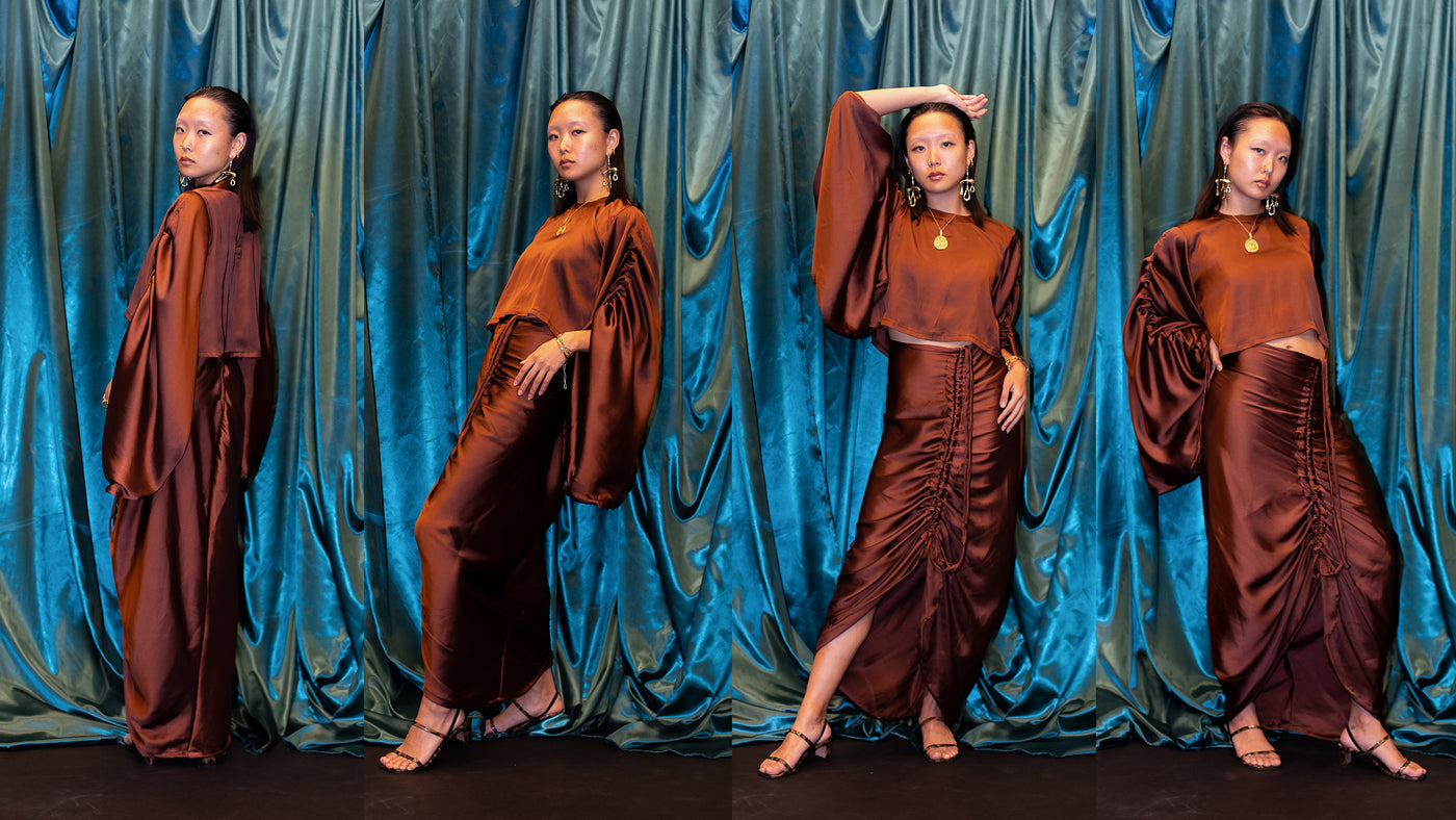 Brown 100% silk top and skirt matching set with billowy statement sleeves and ruching. Ethically made clothing.